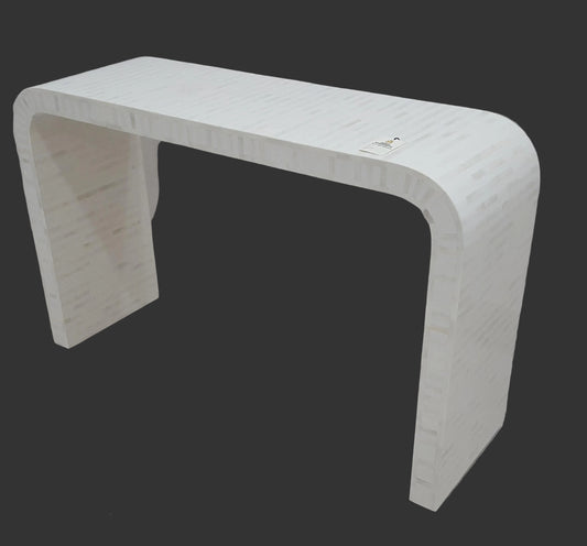 Bone Inlay Console Table | Waterfall Shape | Stripe Floral Pattern | Brass Feet | Handcrafted | 46x16x32 inch