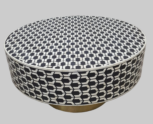 Bone Inlay Coffee Table | Round Drum Shape | Geometric Pattern | Handcrafted | 30 inch