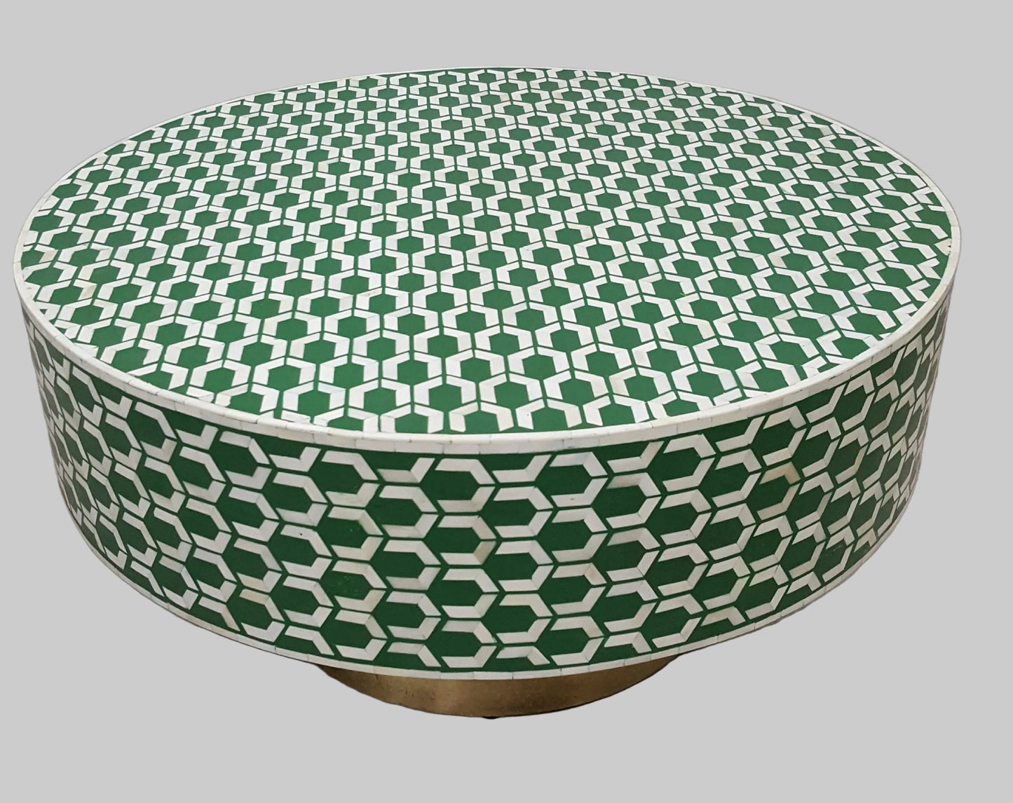 Bone Inlay Coffee Table | Round Drum Shape | Geometric Pattern | Handcrafted | 30 inch