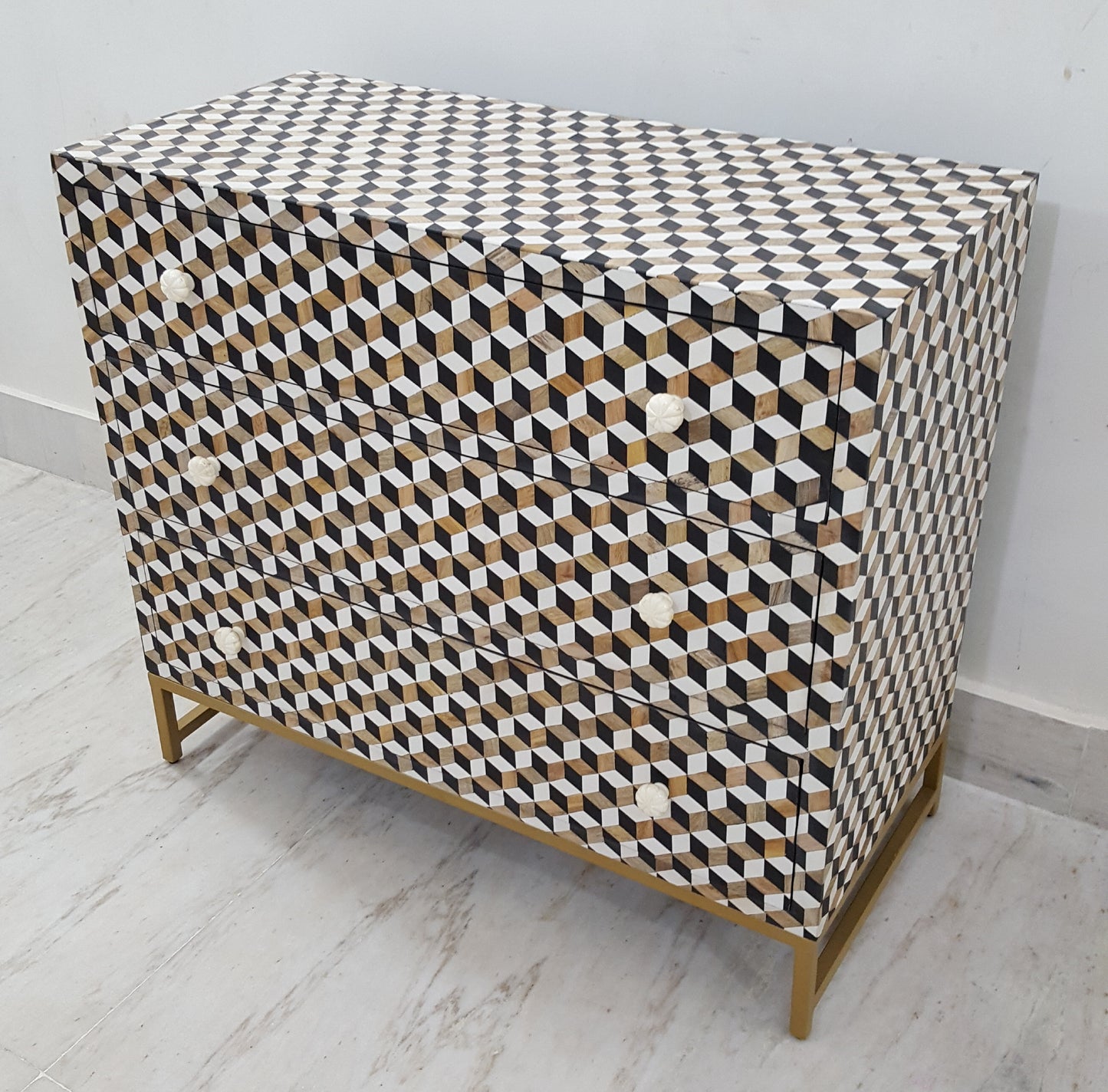 Bone Inlay Green Sideboard | 3 Drawers & Brass Legs | Geometric Pattern | Handcrafted | 38x18x34 inch