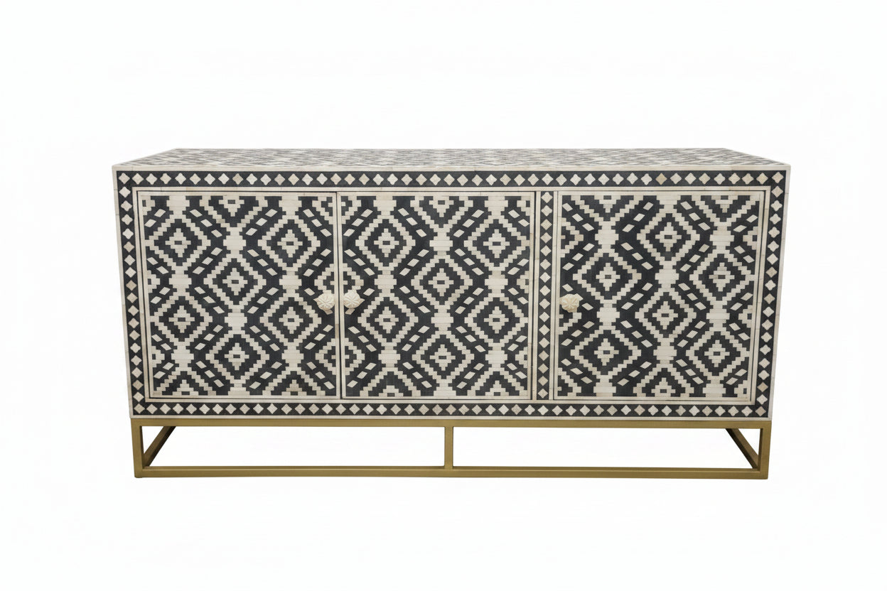 Bone Inlay Sideboard | 3 Doors | Geometric Pattern | Brass Frame | Handcrafted | 150x45x75 Cms.