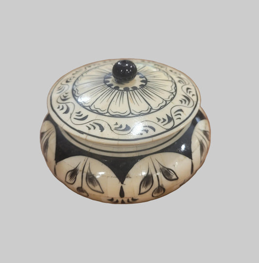Lotus Hand Painted Round Trinket Box with Lid – Black & Cream