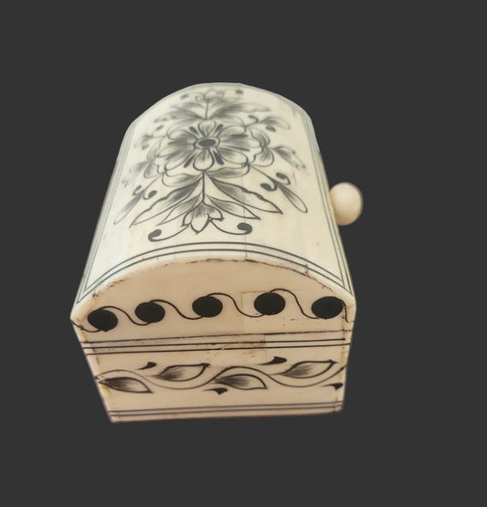 Hand-Painted Bone Dome-Top Trinket Box, Cream with Black Floral Detail