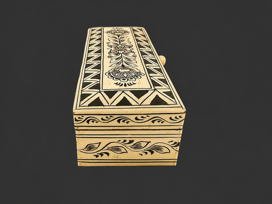 Hand-Painted Bone Box, Floral & Zigzag Design, Rectangular Keepsake Box (25 x 9 x 5.5 cm)