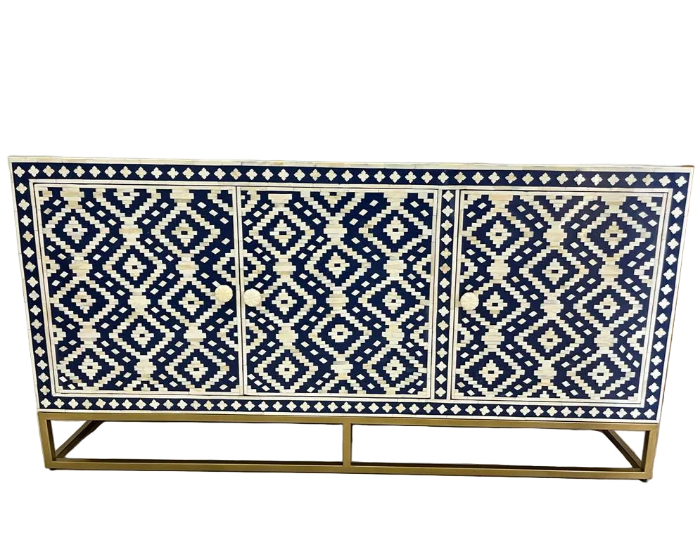 Bone Inlay Sideboard | 3 Doors | Geometric Pattern | Brass Frame | Handcrafted | 60x18x30 inch