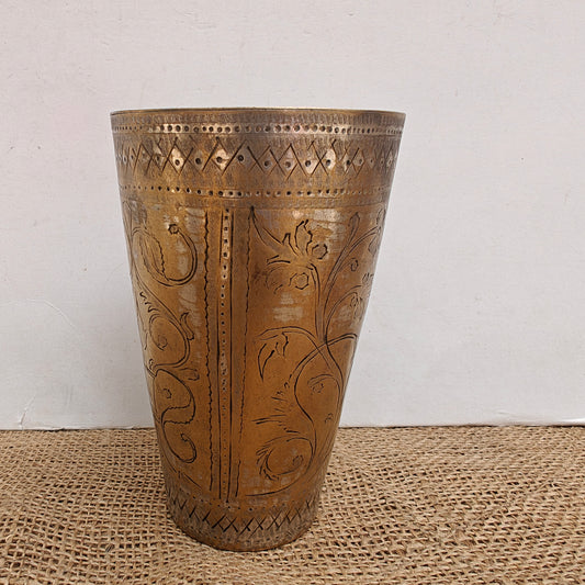 Vintage Brass Lassi Glass | Hand-Engraved Floral Motifs | Antique Indian Brassware | 9 x 9 x 14 cms