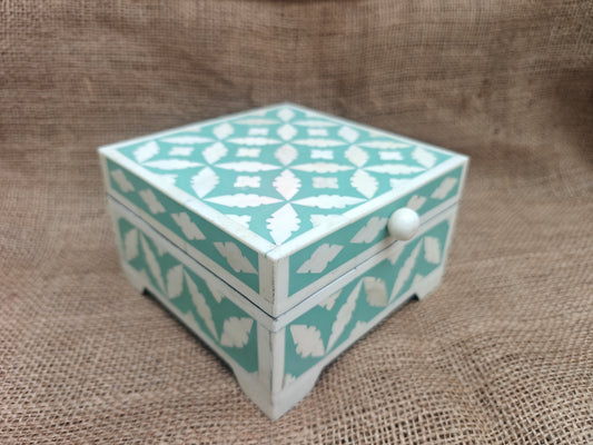 Bone Inlay Decorative Box – Turquoise Geometric Mosaic, 15x15x7.5 cm