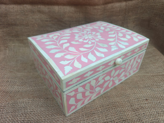 Bone Inlay Floral Box | Pink Resin | Handcrafted Jewellery & Keepsake Box | 26.5 x 20 x 11 Cms. (Copy)