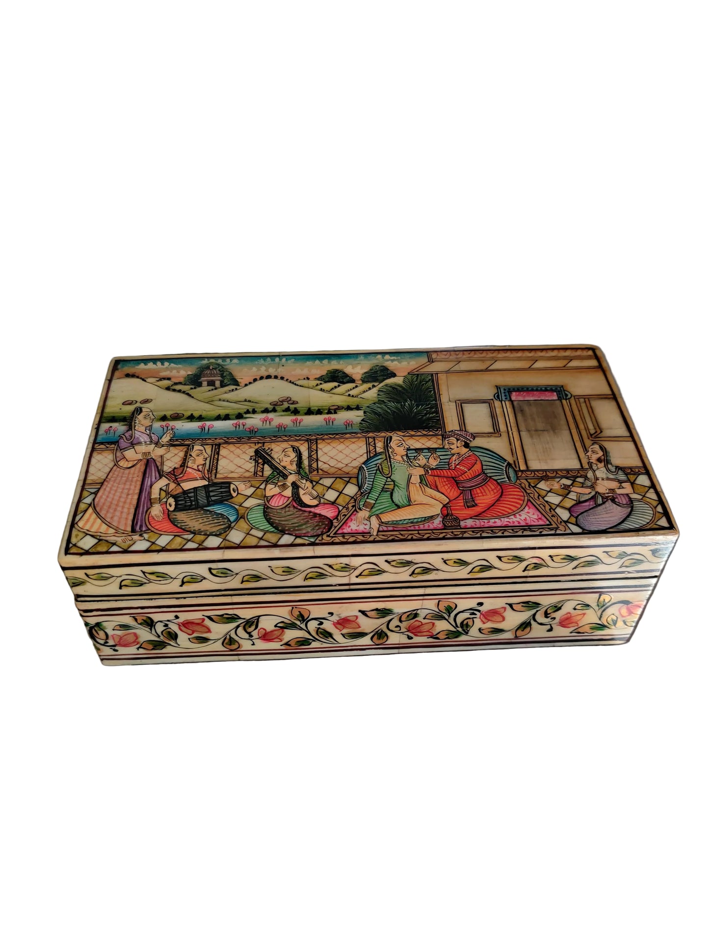 Mughal Miniature Hand-Painted Bone & Wood Box | Musicians Court Scene | Handcrafted Keepsake Box | 20x10x7.5 Cms.