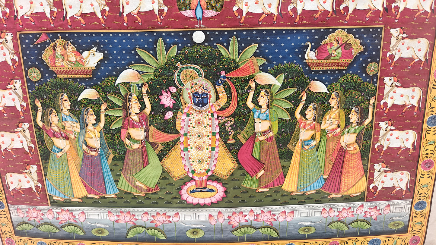 Raas Leela Pichwai Painting | Srinathji with Gopis & Lotus Pond | Nathdwara | 21x33 inch