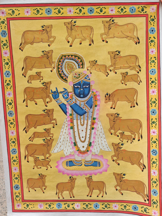 Golden Gopala Pichwai Painting | Shrinathji with Flute & Sacred Cows | Mustard Yellow | 36x48 inch