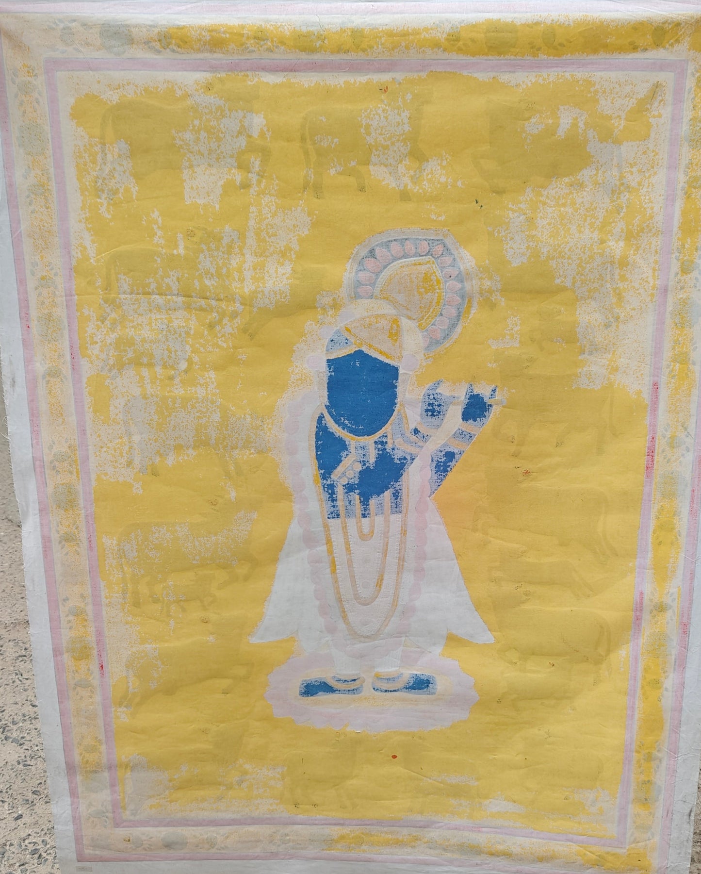 Golden Gopala Pichwai Painting | Shrinathji with Flute & Sacred Cows | Mustard Yellow | 36x48 inch