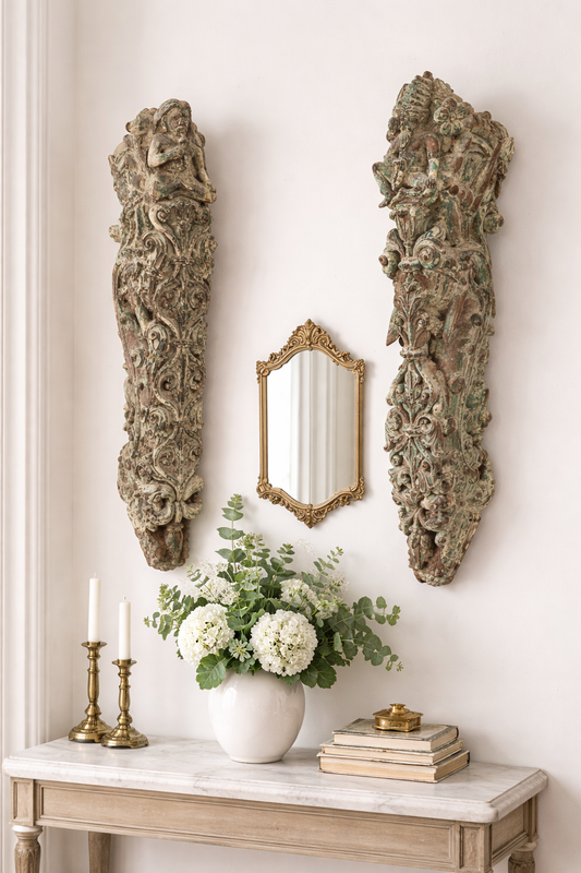 Antique Hand-Carved Wood Brackets with Sufi Saints & Floral Motifs | Architectural Corbels | Pair