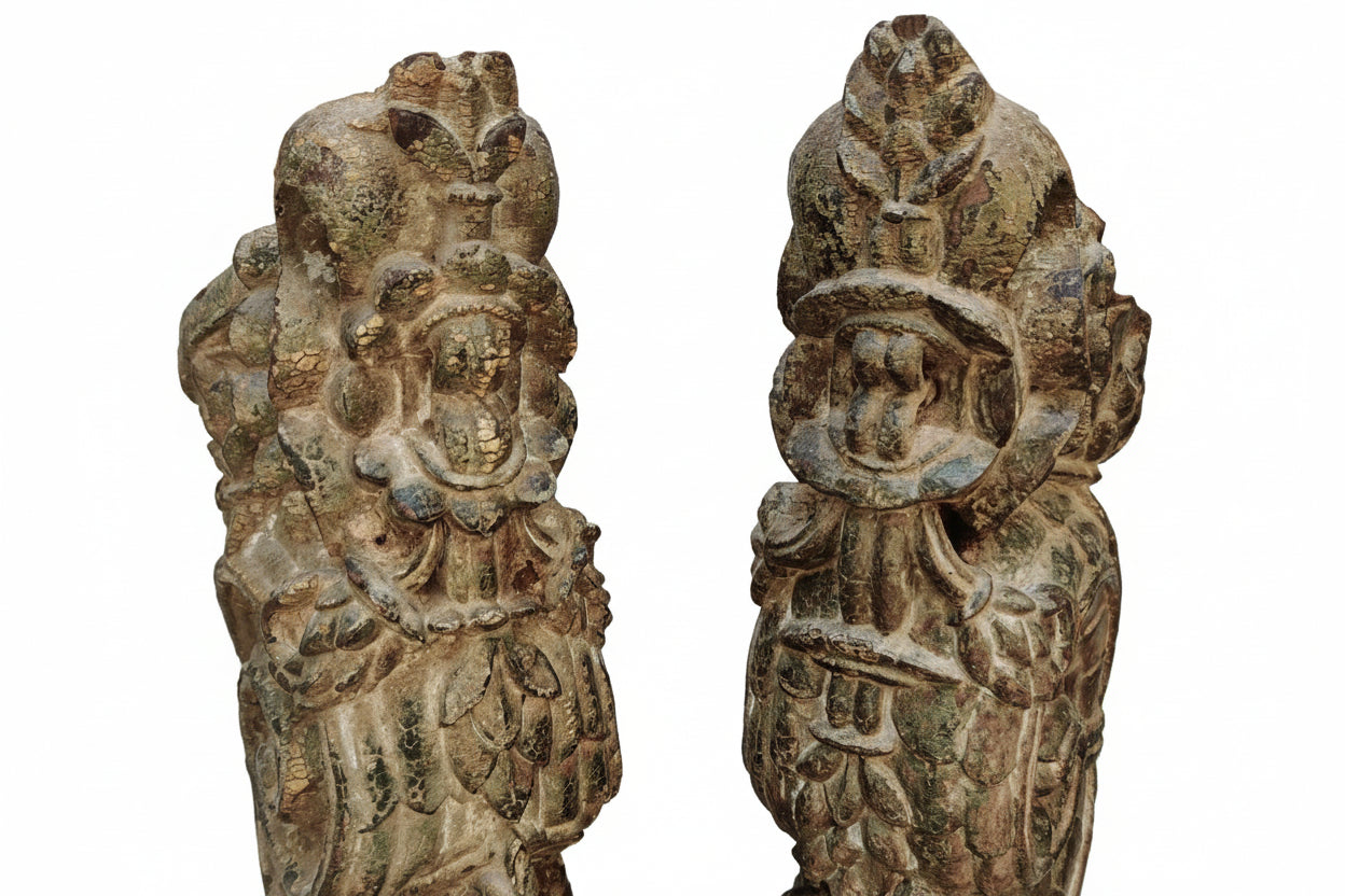 Antique Hand-Carved Wood Brackets with Floral Motifs | Green Patina Finish | Pair