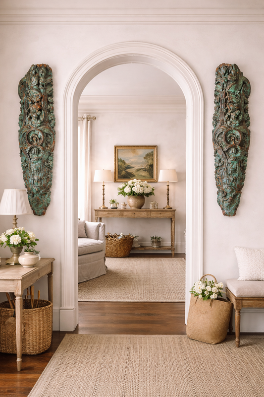 Antique Hand-Carved Wood Brackets with Peacock & Floral Motifs | Architectural Corbels | Pair