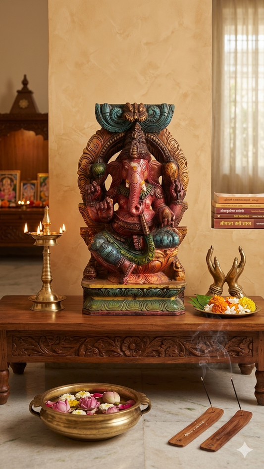 Handcrafted Wood Ganesha Statue | Hand-Painted Seated Idol | 18 inch