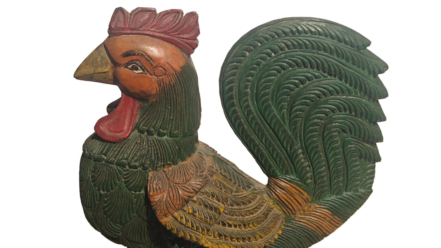 Handcrafted Wood Rooster Sculpture | Hand-Painted Indian Folk Art | 12 inch