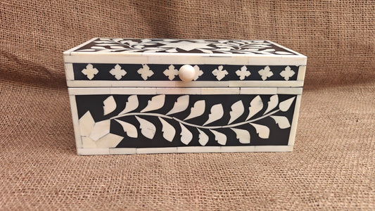 Bone Inlay Floral Box | Black Resin | Handcrafted Jewellery & Keepsake Box | 9x4.5 inch