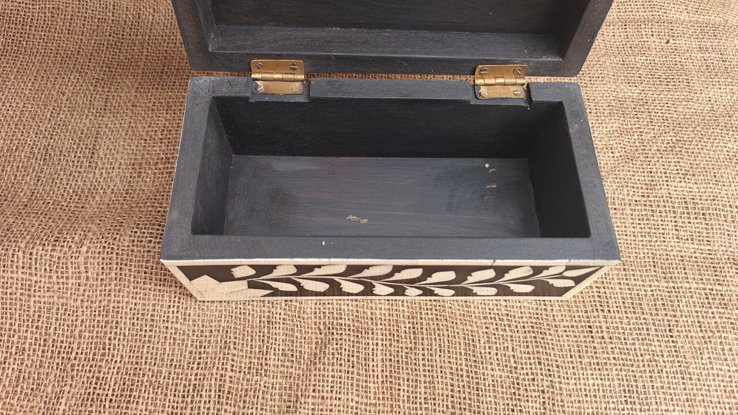 Bone Inlay Floral Box | Black Resin | Handcrafted Jewellery & Keepsake Box | 9x4.5 inch