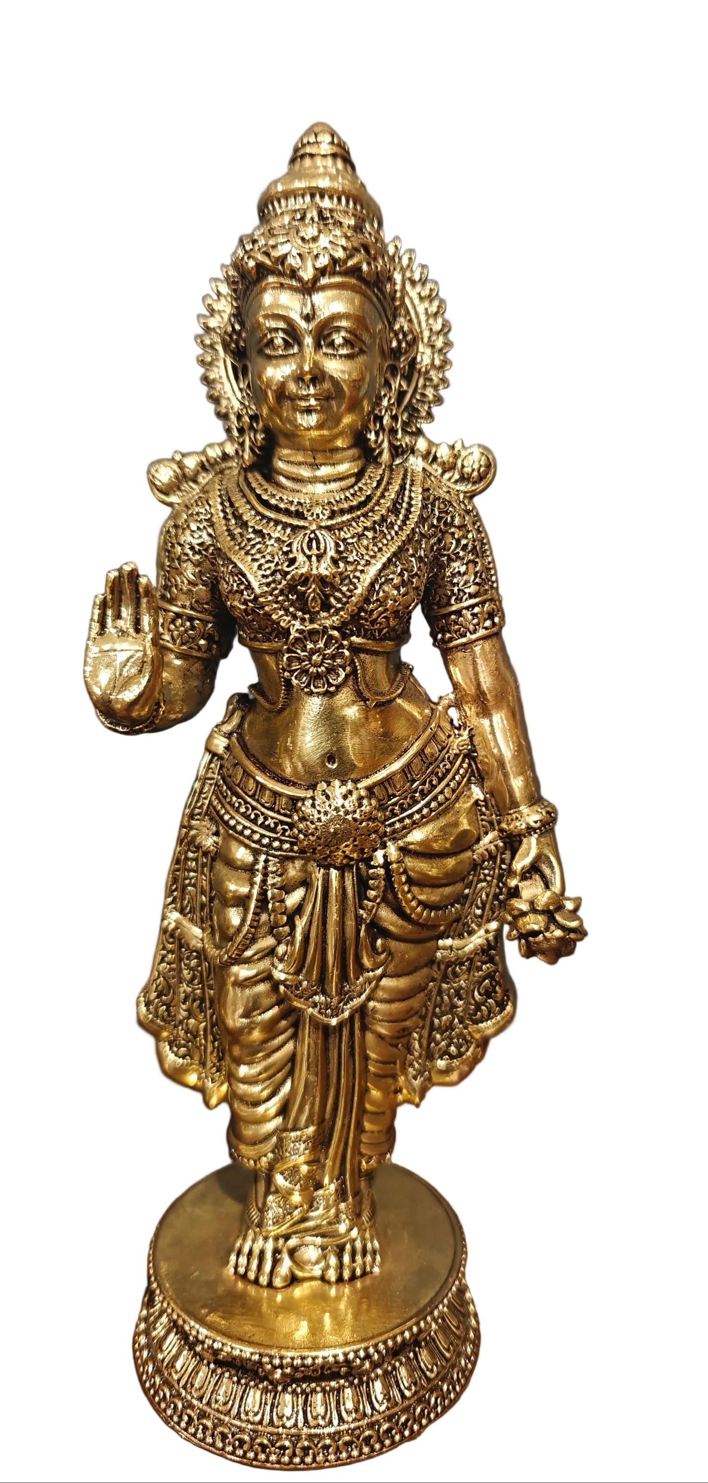 Close-up of brass Ram and Sita idols showing crowns and jewellery details -1