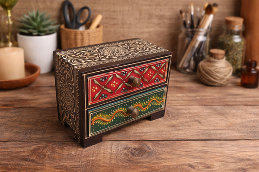 Handcrafted Painted Wood Chest with 2 Drawers | Brown Red Green | Decorative Storage | 5x3x4 inch