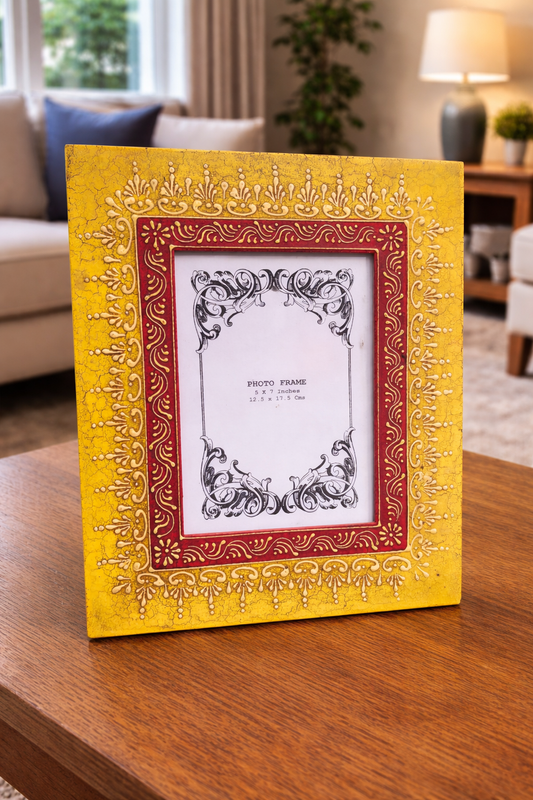 Handcrafted Indian Folk Art Photo Frame | Yellow Multicolour | 5x7 inch