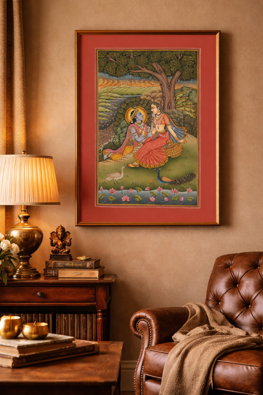 Radha Krishna Miniature Painting | Eternal Love in Nature | Rajasthani Style | 9x12.5 inch