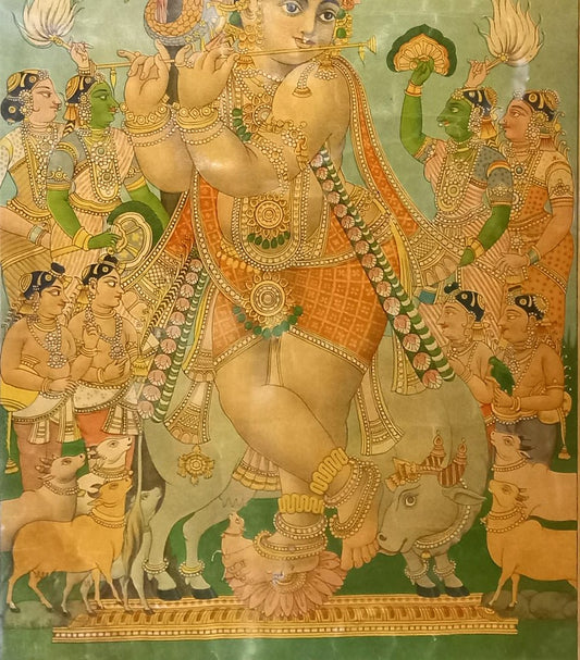 Vintage Ravi Varma Press Lithograph – Krishna Playing the Flute with Gopis and Cows (Framed)