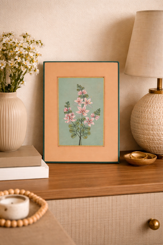 Hand-Painted Floral Miniature Painting | Pink Blossoms & Green Foliage | Pastel | 6x9 inch