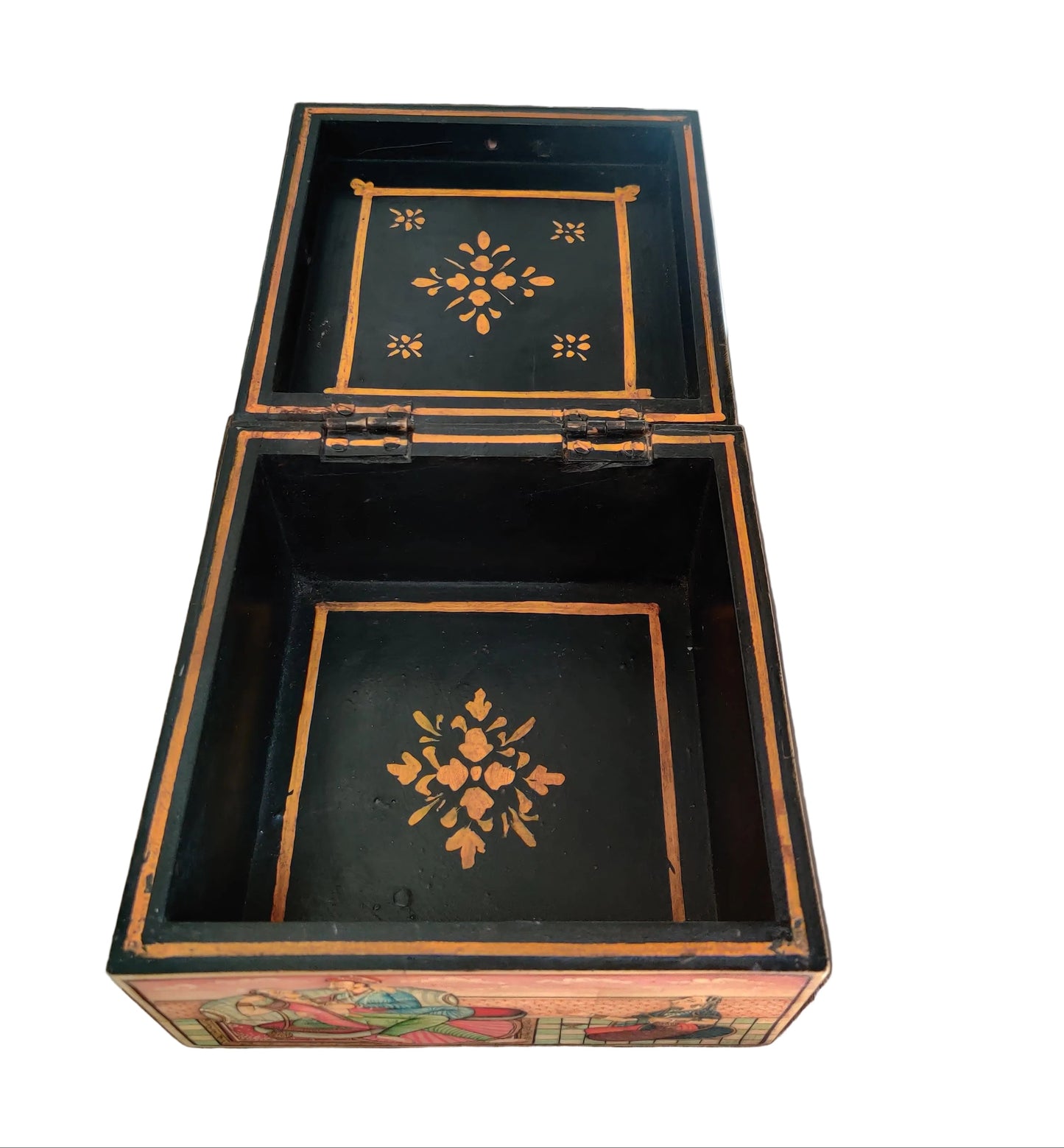 Interior view of Mughal miniature hand-painted bone and wood keepsake box, 6x6x4 inch