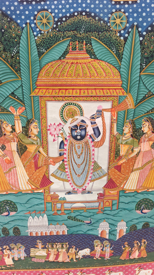 Kamal Talai Pichwai Painting | Shrinathji in Sacred Grove with Lotus Pond | 36x48 inch