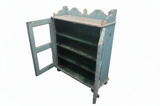 Vintage antique Jodhpur blue heavily distressed glass cabinet with scalloped gallery top, iron ring pulls and ball feet — Timeless Treasures collection, Poonam Backliwal