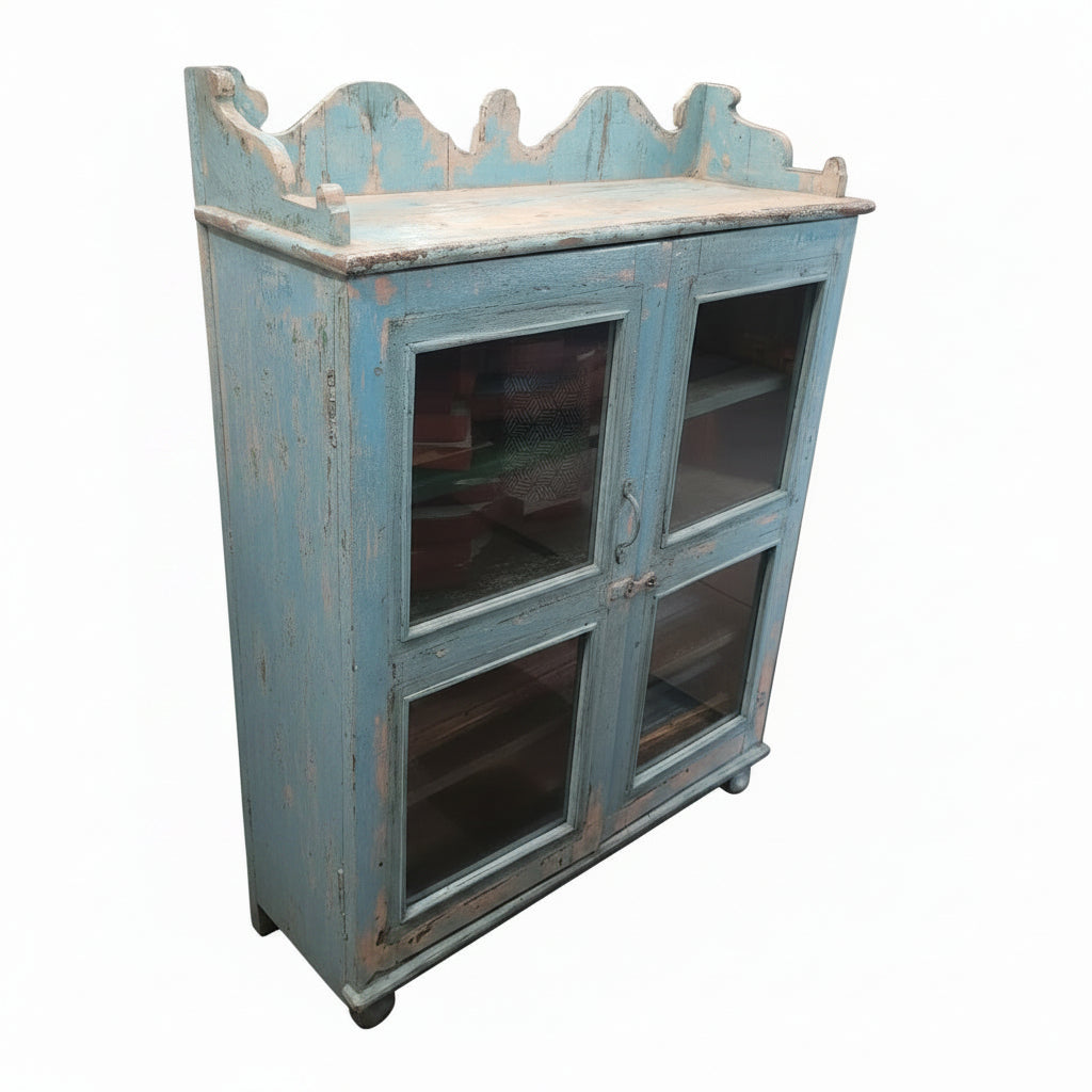 Vintage antique Jodhpur blue heavily distressed glass cabinet with scalloped gallery top, iron ring pulls and ball feet — Timeless Treasures collection, Poonam Backliwal