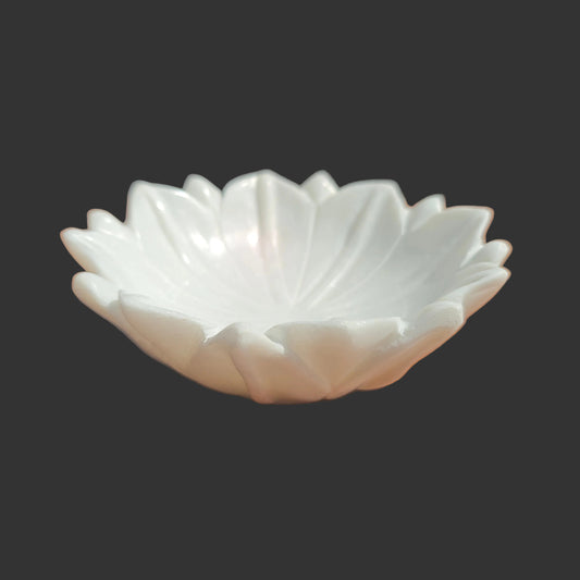 White marble chrysanthemum bowl top view intricate petal design Rajasthan
