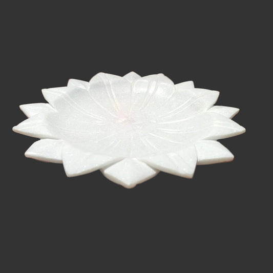 White marble lotus bowl side view hand-carved petal design