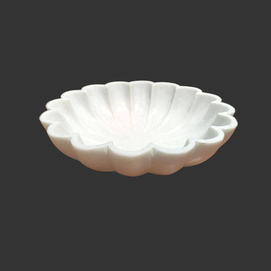 White marble shell bowl 12 inch side view scalloped petal design
