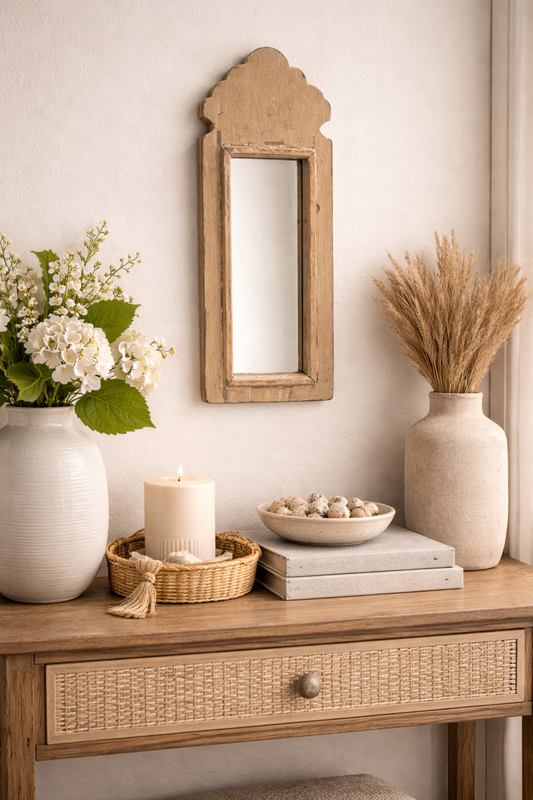 Vintage Beige Jharokha Wooden Wall Mirror | Moroccan Style Distressed Frame | Gujarat & Rajasthan