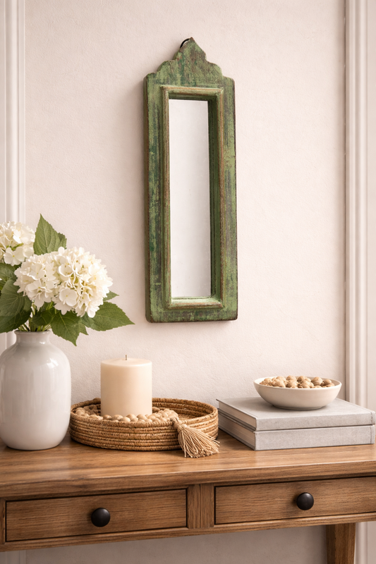 Vintage Light Green Jharokha Wooden Wall Mirror | Moroccan Style Distressed Frame | Small