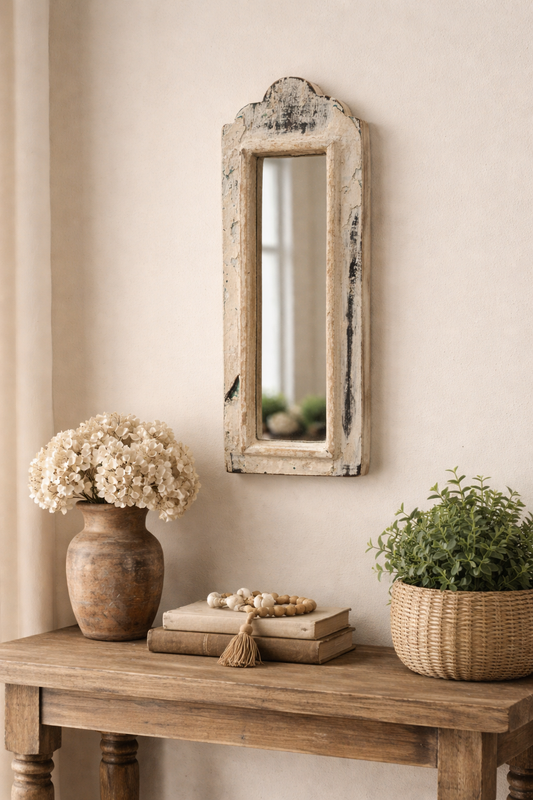 Vintage White Jharokha Wooden Wall Mirror | Moroccan Style Distressed Frame | Gujarat & Rajasthan