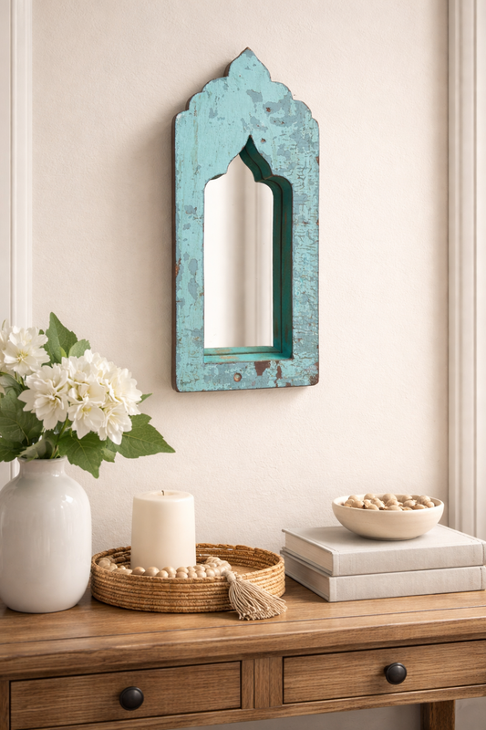 Vintage Blue Jharokha Wooden Wall Mirror | Moroccan Style Distressed Frame
