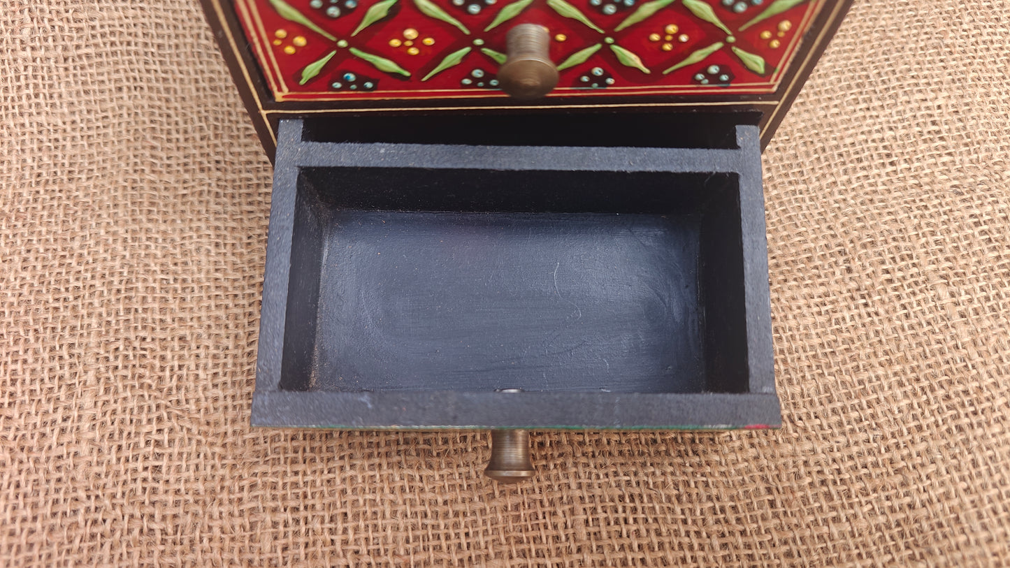 Handcrafted Painted Wood Chest with 2 Drawers | Brown Red Green | Decorative Storage | 5x3x4 inch