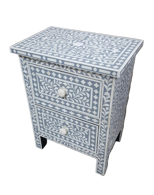 Bone Inlay Bedside Table | Floral & Geometric Pattern | 2 Drawers | Handcrafted | 16x12x24 inch