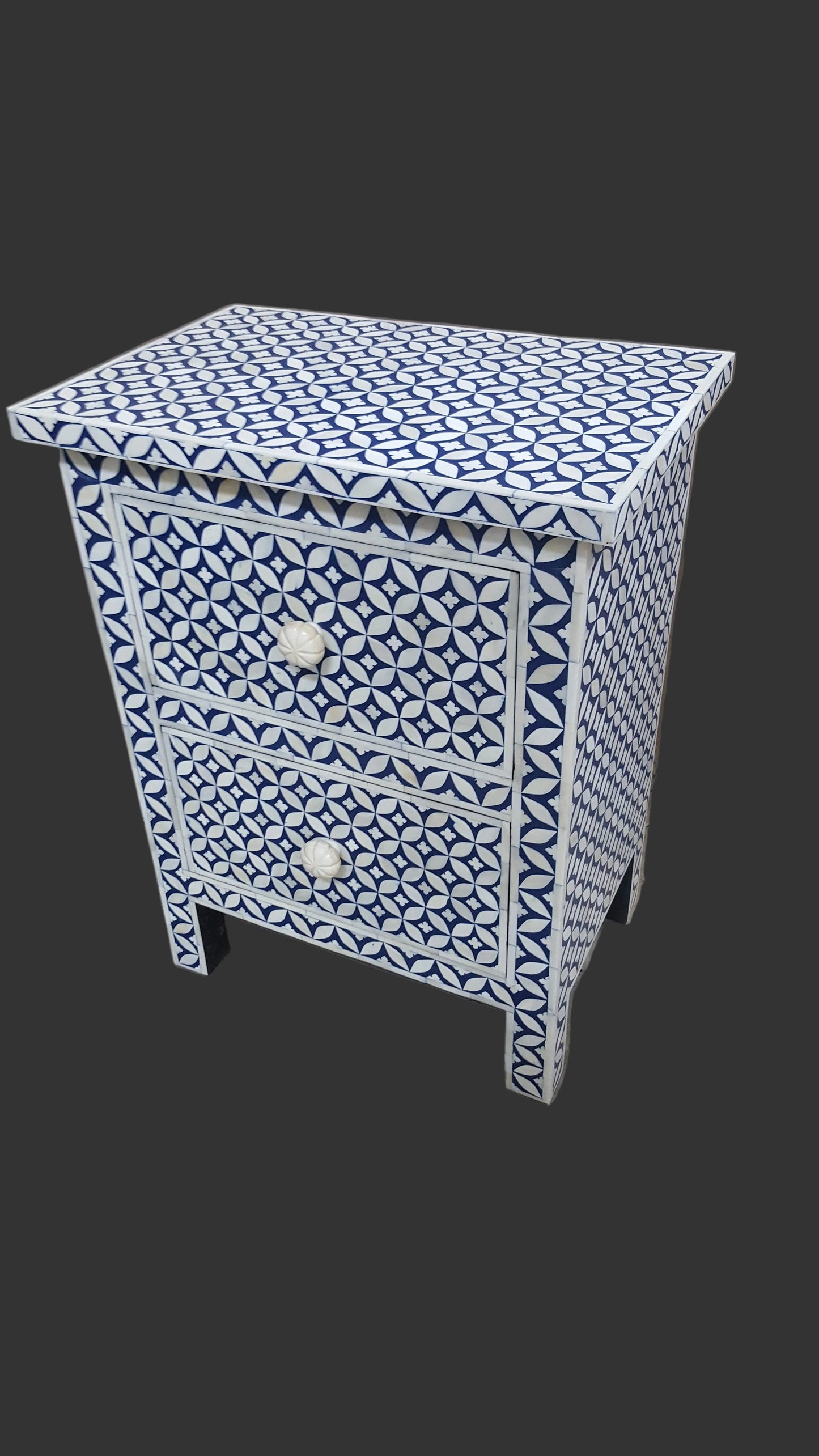 Bone Inlay Bedside Table | Floral & Geometric Pattern | 2 Drawers | Handcrafted | 16x12x24 inch