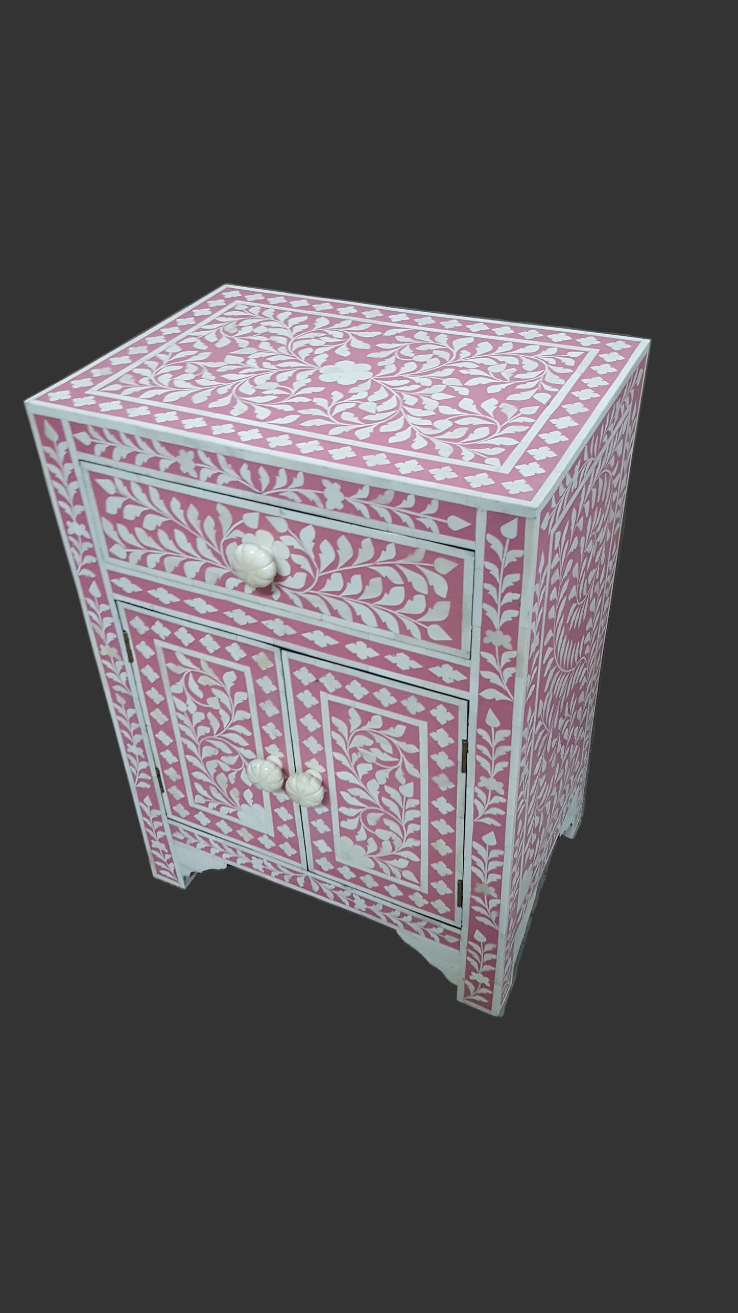 Bone Inlay Bedside Table | Floral Pattern | Handcrafted | 16x12x24 inch