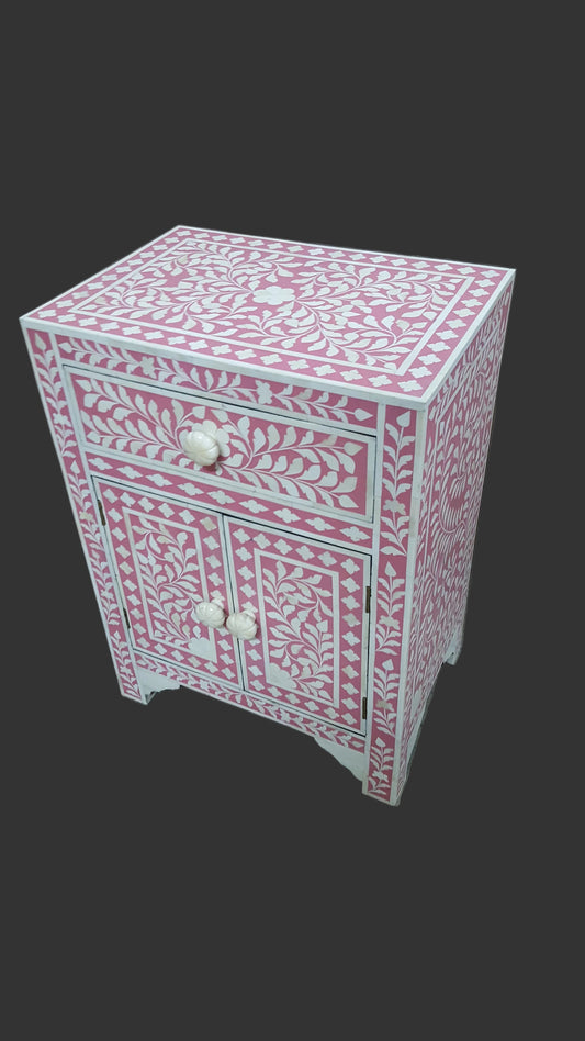Bone Inlay Bedside Table | Floral Pattern | Handcrafted | 16x12x24 inch