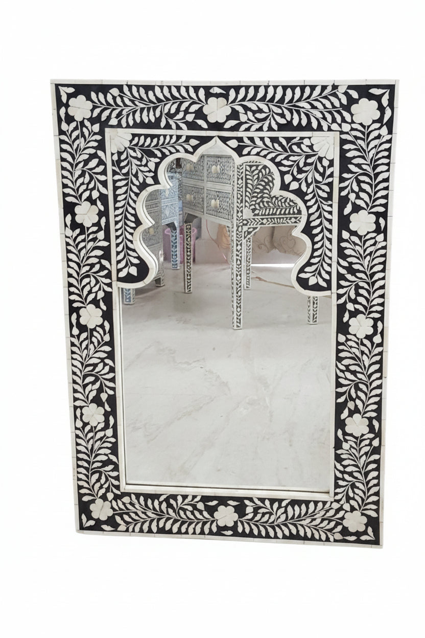 Bone Inlay Mirror Frame | Floral Pattern | Handcrafted | 24x36 inch