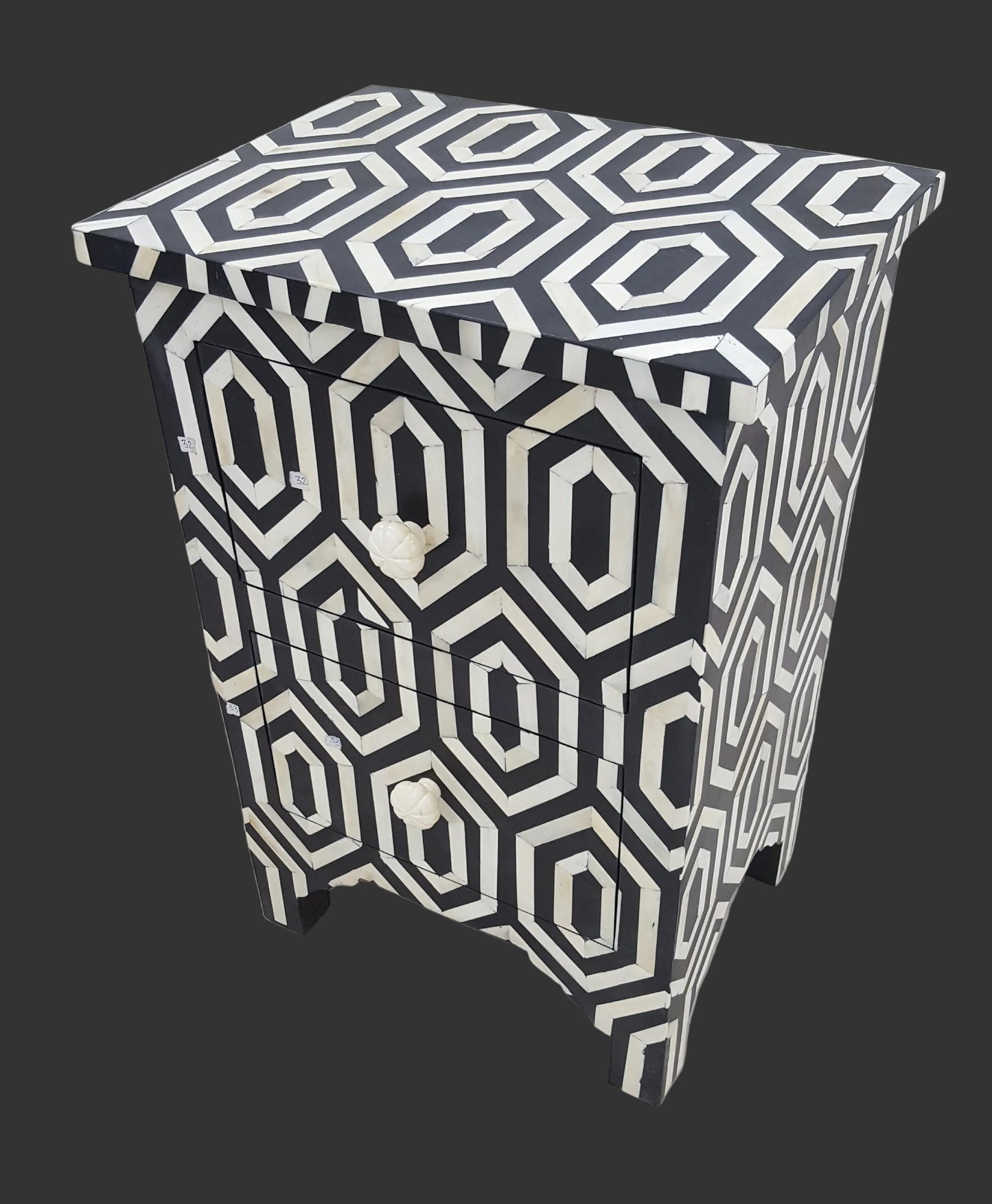 Bone Inlay Bedside Table | Floral & Geometric Pattern | 2 Drawers | Handcrafted | 16x12x24 inch
