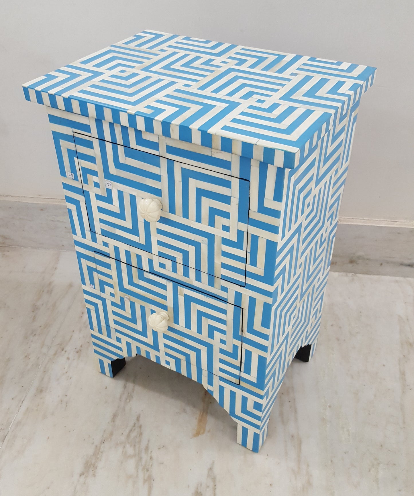 Bone Inlay Bedside Table | Floral & Geometric Pattern | 2 Drawers | Handcrafted | 16x12x24 inch