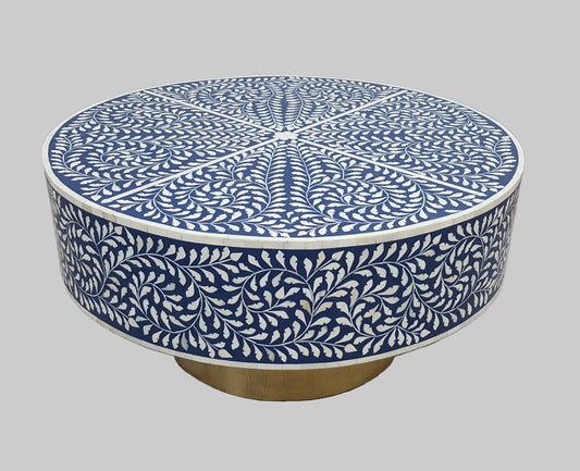 Bone Inlay Coffee Table | Round Drum Shape | Geometric Pattern | Handcrafted | 30 inch
