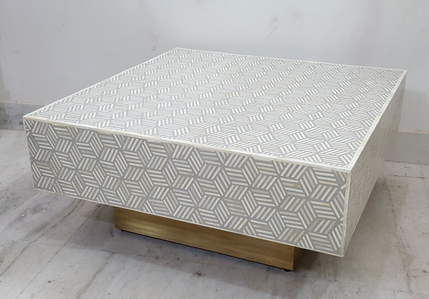 Bone Inlay Coffee Table | Square | Geometric Pattern | Brass Legs | Handcrafted | 40 inch